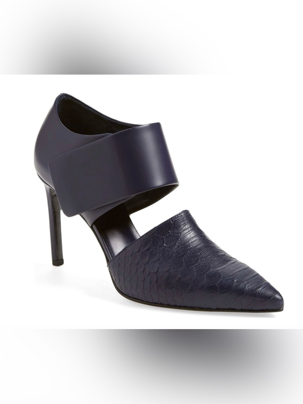 Vince Navy Pointed Toe Mid Heel Pump with Wide Strap